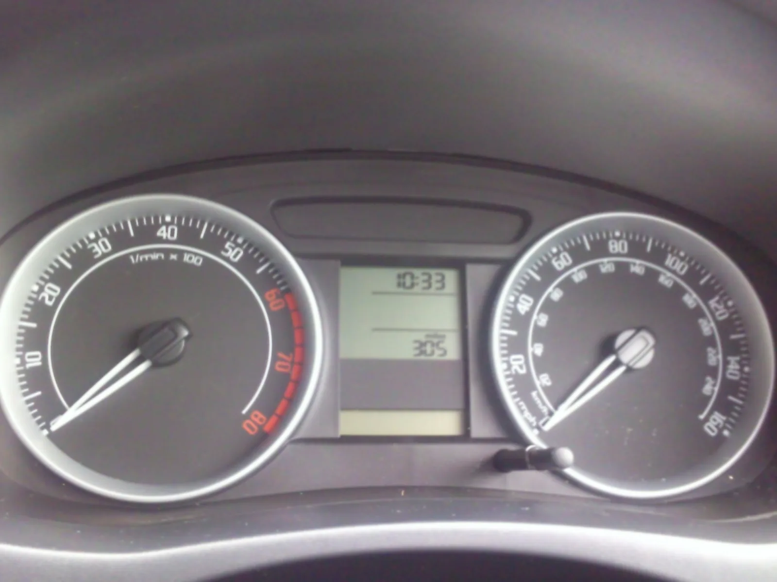 Tableau de bord d'une Skoda Fabia avec compteur kilométrique et instruments