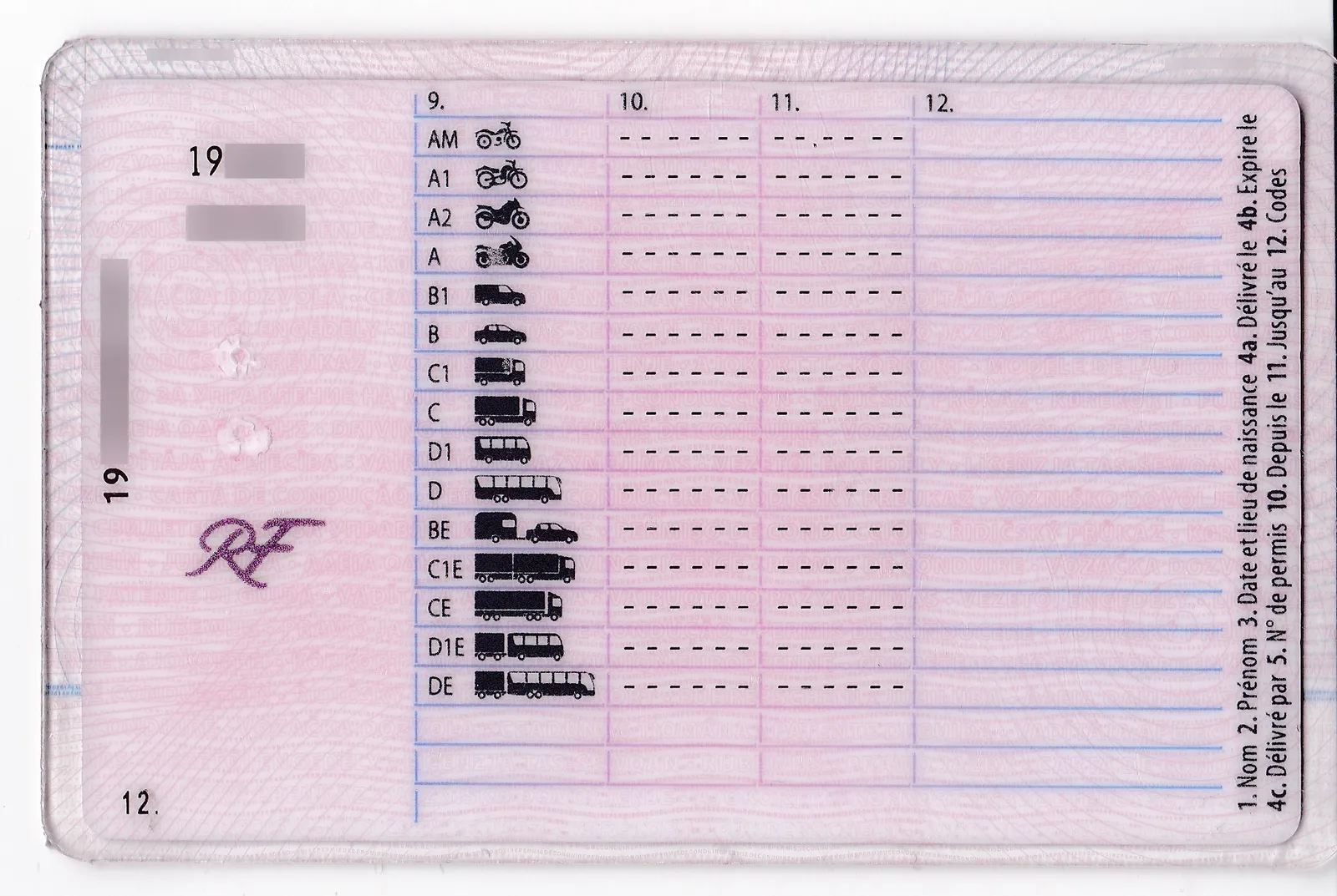 Verso du permis de conduire français avec les catégories de véhicules